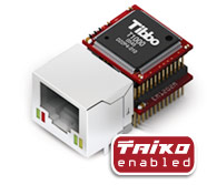 Picture of Tibbo EM1202 and RJ1202 BASIC programmable Ethernet Module and Companion Ethernet Connector